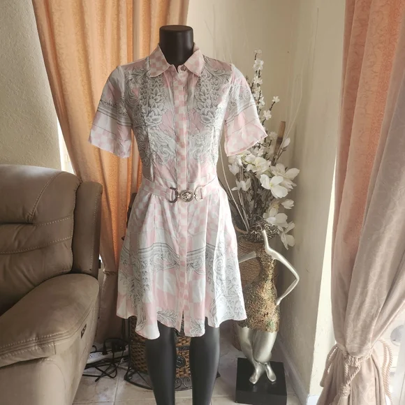 Versace Pink Shirt Dress Signature Baroque Print with belt Silk size S